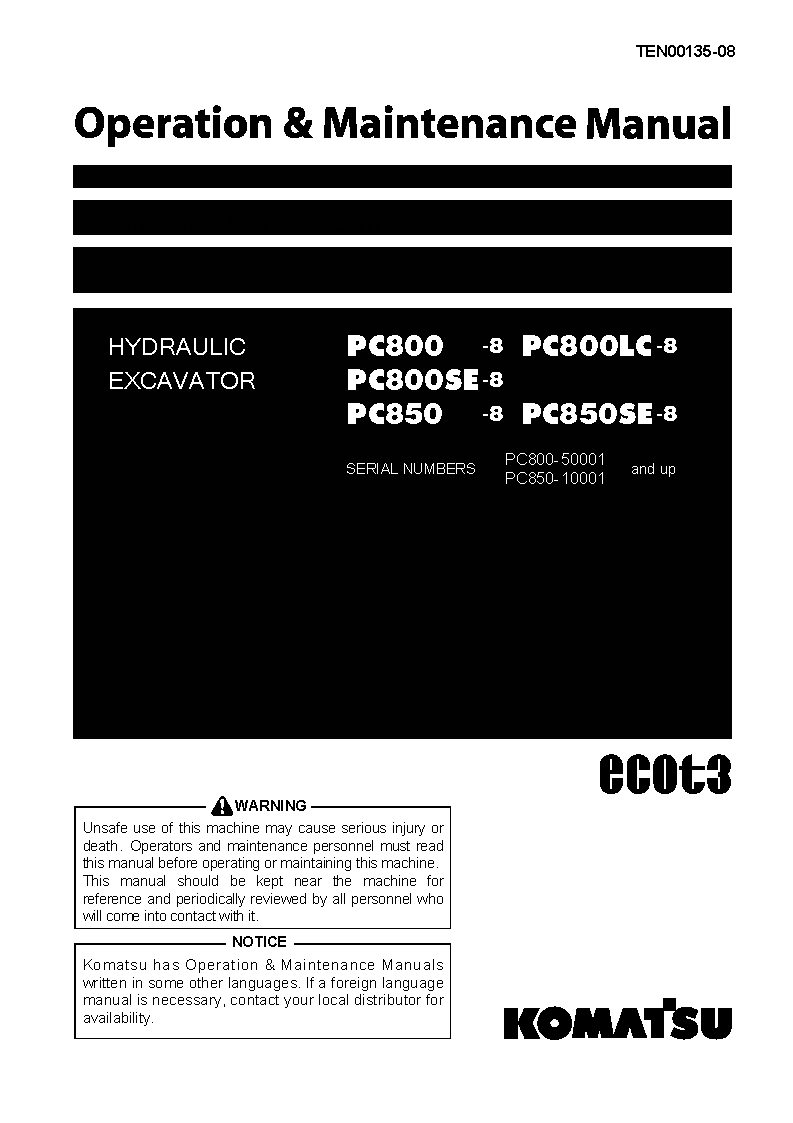 PC800-8(JPN) S/N 50001-55223 Operation manual (English)