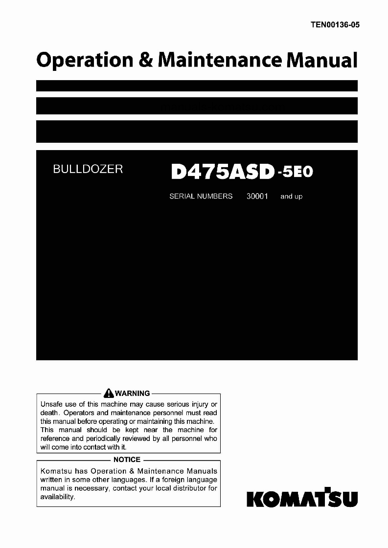 D475ASD-5(JPN)-E0, SUPER DOZER S/N 30001-30070 Operation manual (English)