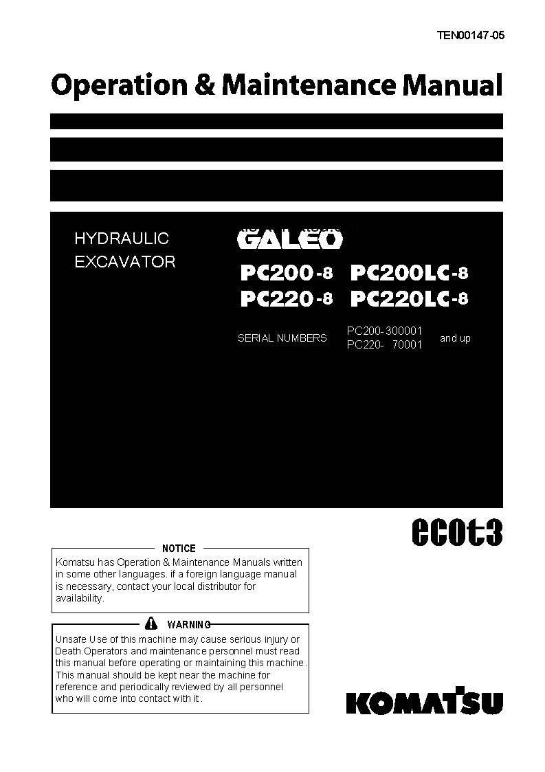 PC200LC-8(JPN)-WORK EQUIPMENT GREASE 100H S/N C60001-UP Operation manual (English)