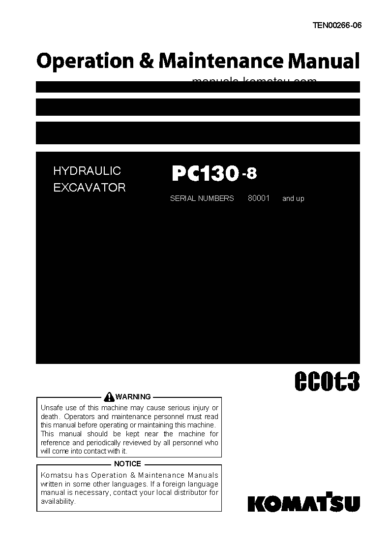 PC130-8(JPN) S/N 80001-82502 Operation manual (English)