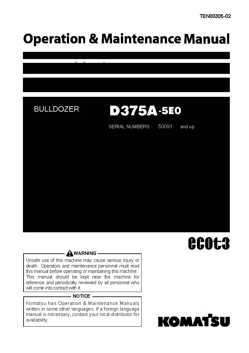 D375A-5(JPN)-E0, ONE-WAY STEERING LEVER S/N 50091-50145 Operation manual (English)