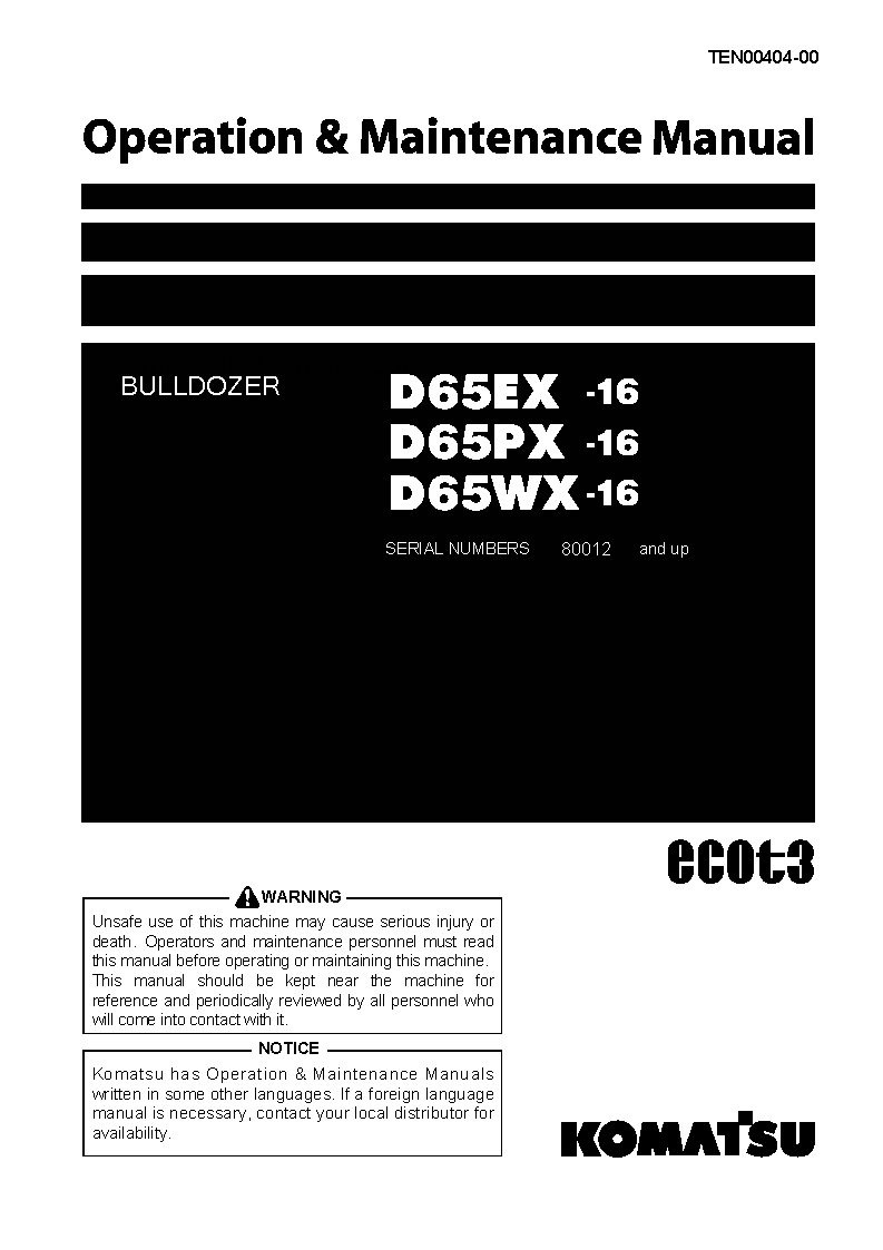 D65WX-16(JPN) S/N 80012-80158 Operation manual (English)