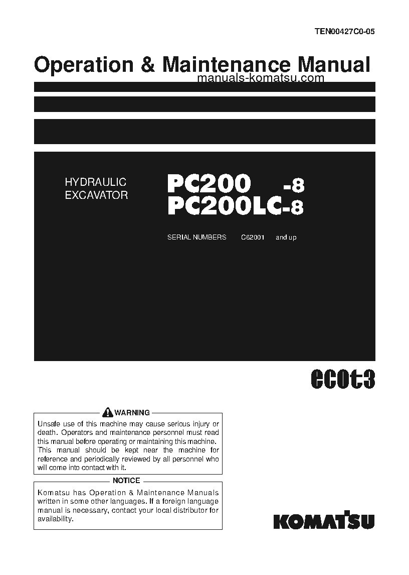 PC200-8(THA)-M0, GREASING 100H, FOR KAL S/N C10001-C19999 Operation manual (English)