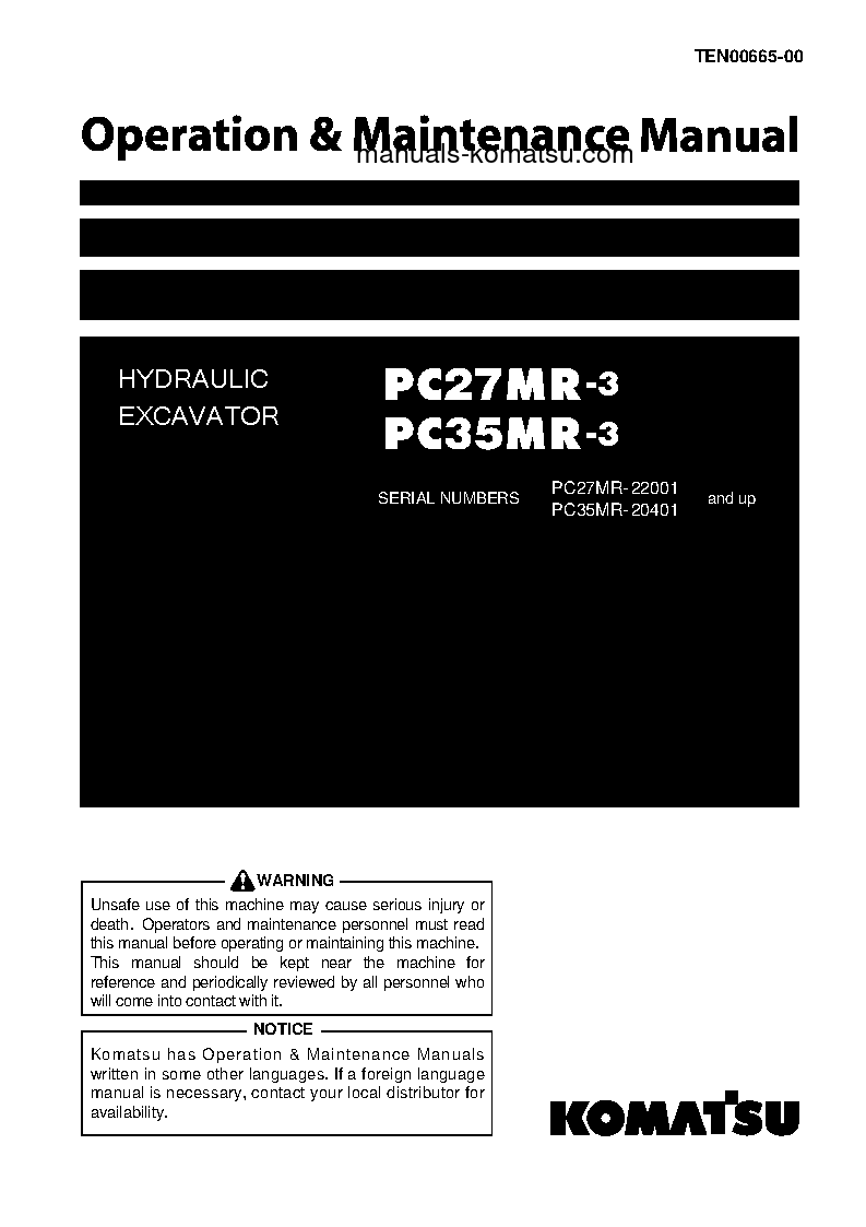 PC27MR-3(JPN)-FOR N.AMERICA, CAB SPEC. S/N 22001-UP Operation manual (English)