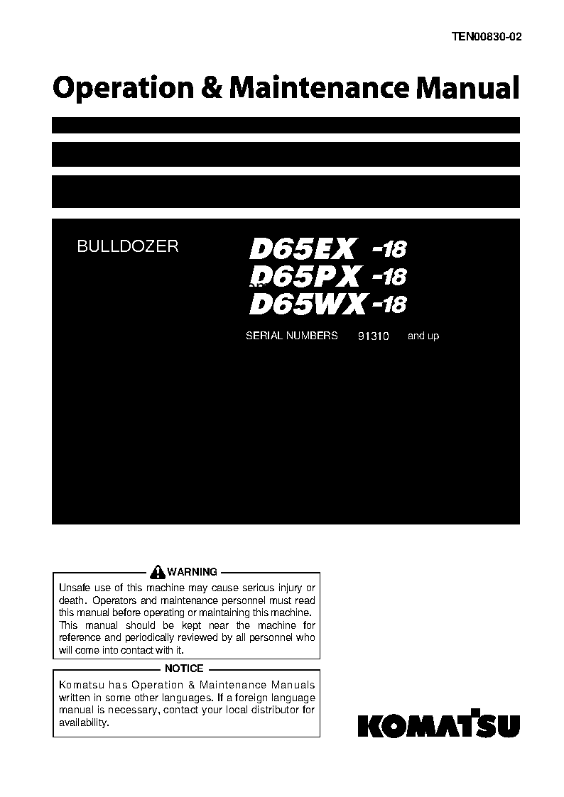 D65EX-18(JPN) S/N 91310-UP Operation manual (English)