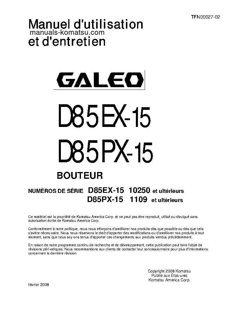 D85PX-15(JPN) S/N 1109-UP Operation manual (French)