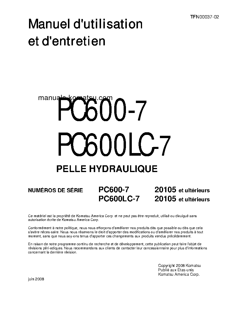 PC600LC-7(JPN) S/N 20105-UP Operation manual (French)