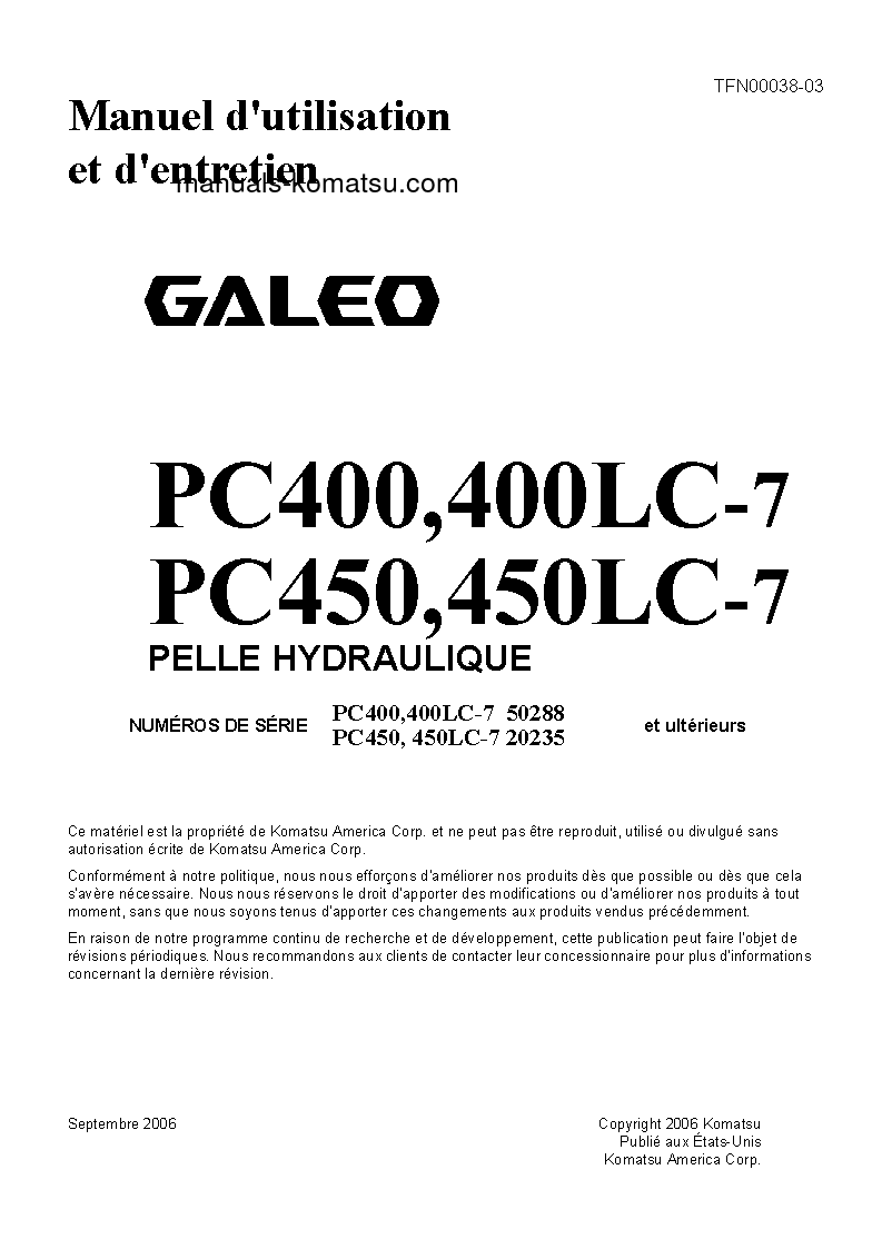 PC450LC-7(JPN)-7-SEGMENT- MONITOR S/N 20235-UP Operation manual (French)