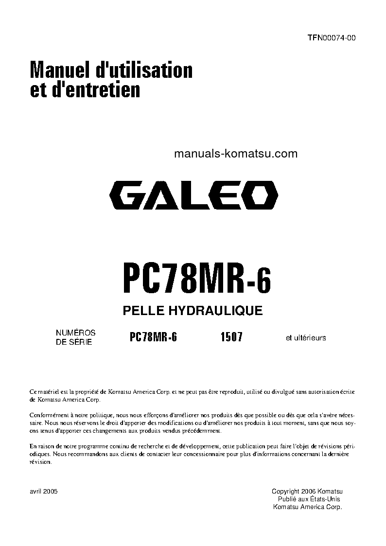PC78MR-6(JPN) S/N 1507-UP Operation manual (French)