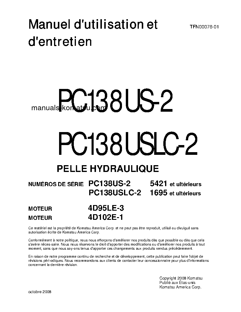 PC138US-2(JPN) S/N 5421-UP Operation manual (French)