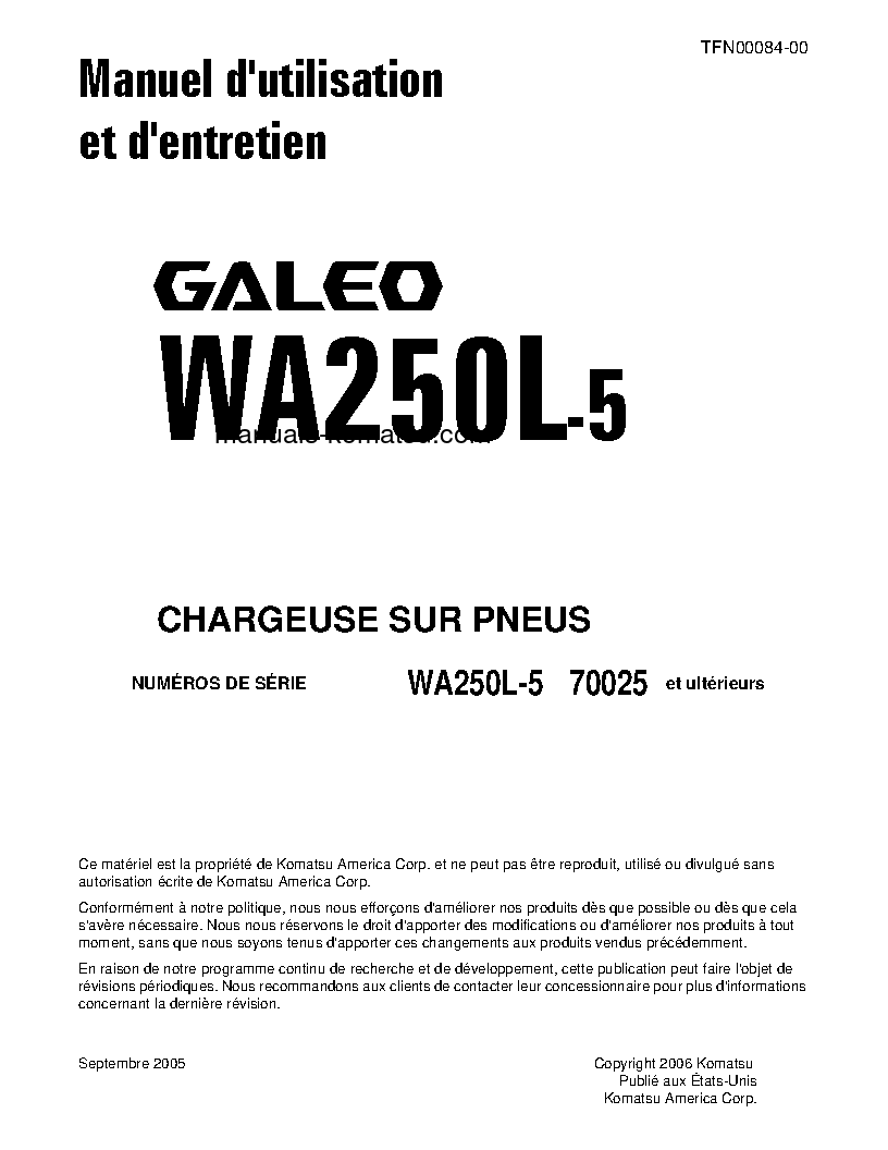 WA250L-5(JPN) S/N 70025-UP Operation manual (French)