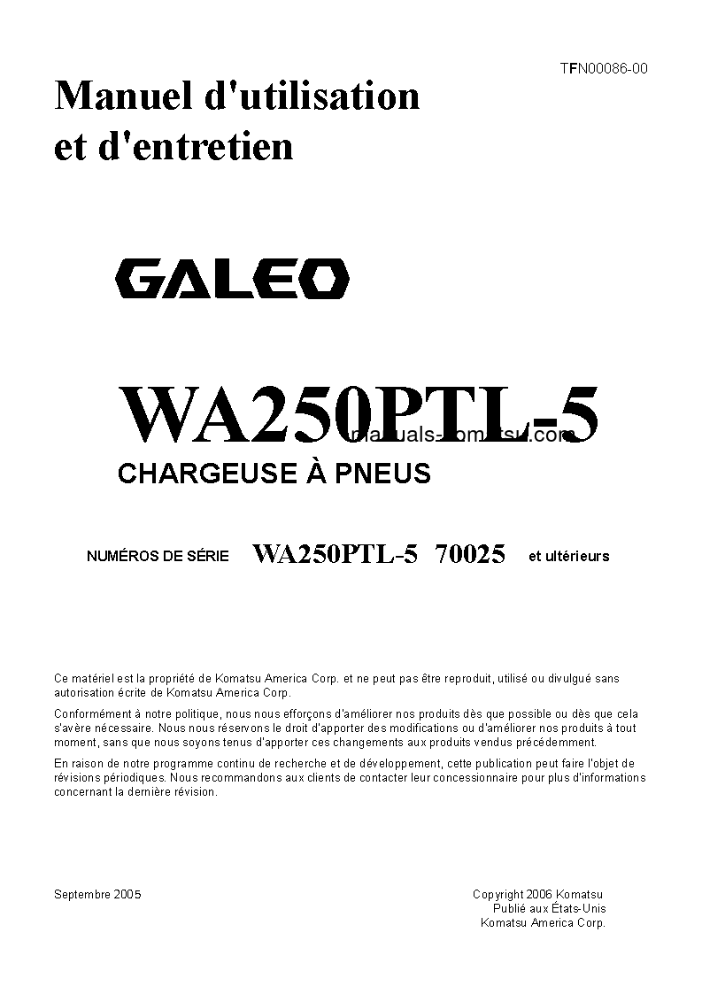 WA250PTL-5(JPN) S/N 70025-UP Operation manual (French)