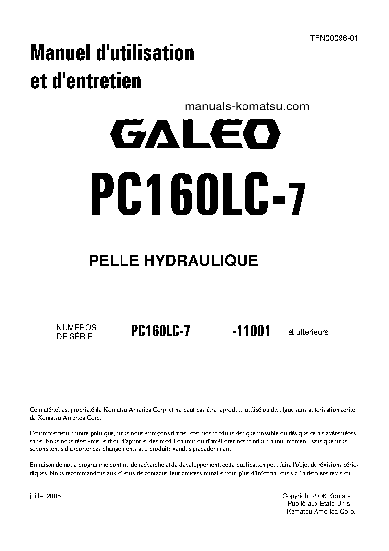 PC160LC-7(JPN) S/N 11001-UP Operation manual (French)