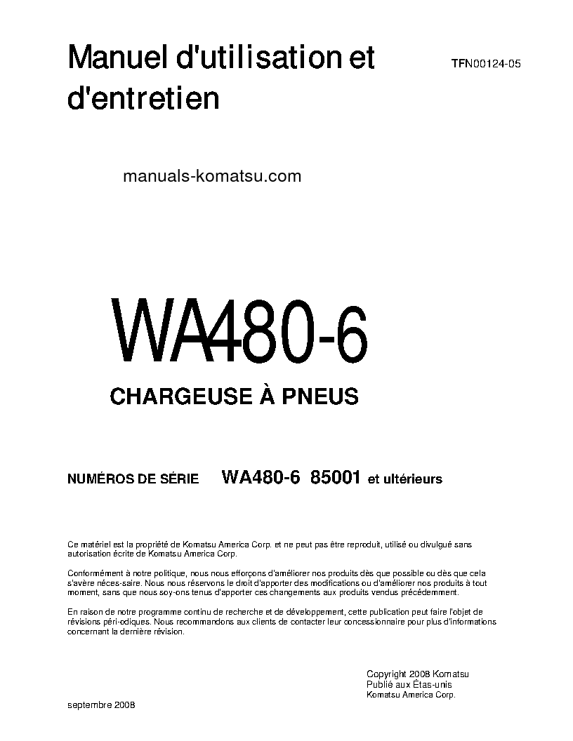 WA480-6(JPN) S/N 85001-UP Operation manual (French)