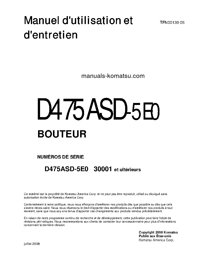 D475ASD-5(JPN)-E0, SUPER DOZER S/N 30001-30070 Operation manual (French)