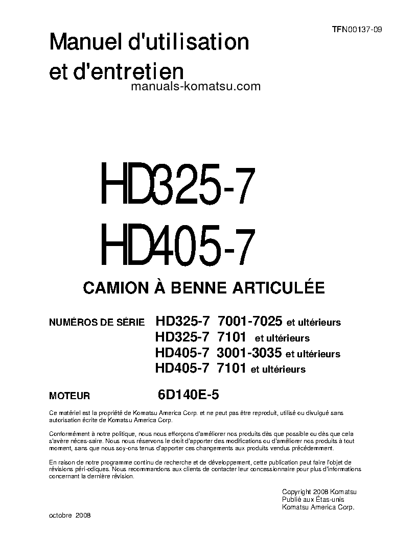 HD325-7(JPN) S/N 7001-7025 Operation manual (French)