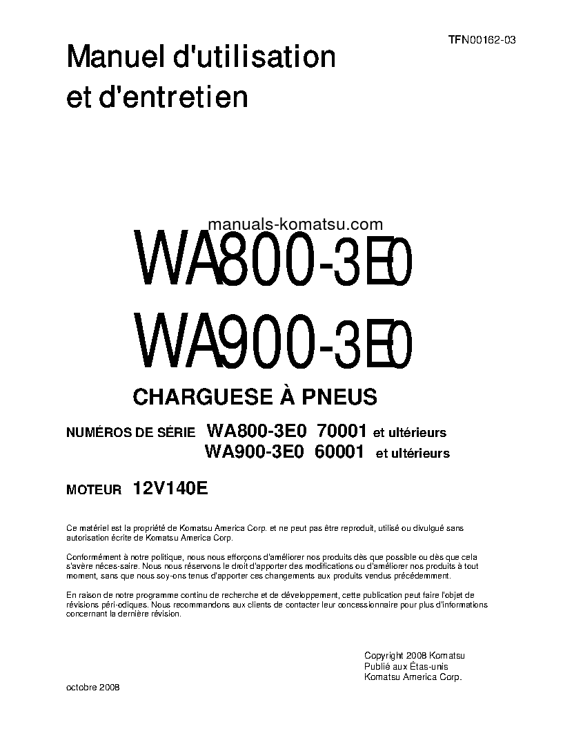 WA800-3(JPN)-E0 S/N 70001-UP Operation manual (French)