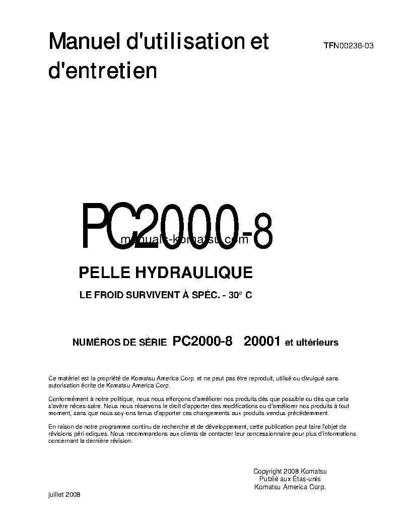 PC2000-8(JPN)--30C DEGREE S/N 20001-UP Operation manual (French)