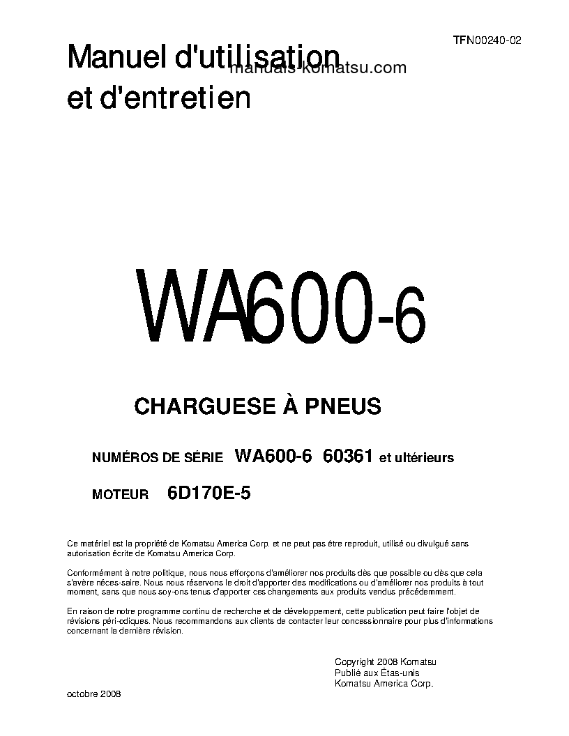 WA600-6(JPN) S/N 60361-UP Operation manual (French)