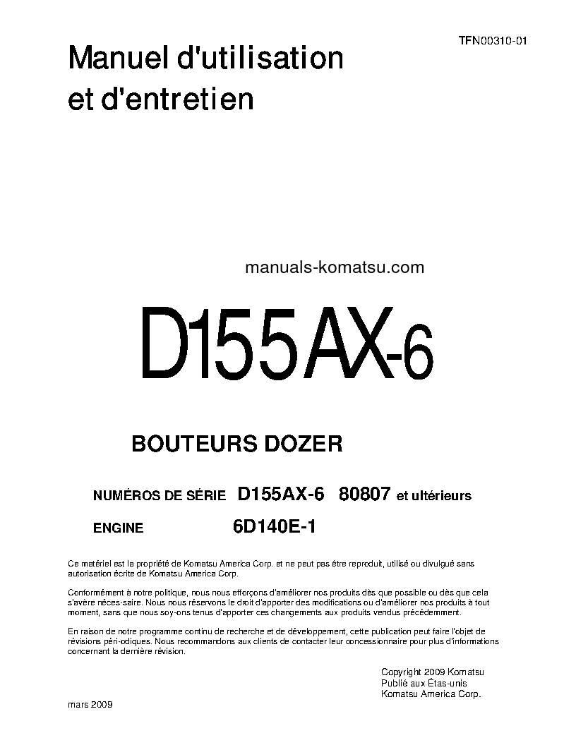 D155AX-6(JPN) S/N 80807-UP Operation manual (French)