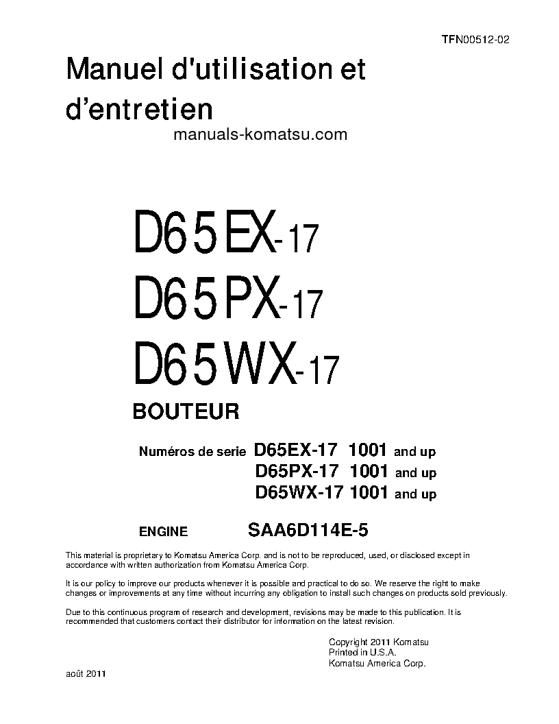 D65WX-17(JPN) S/N 1001-UP Operation manual (French)