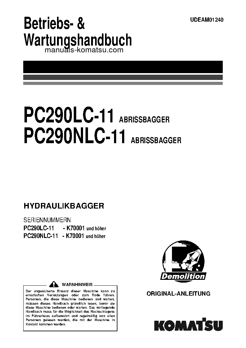 PC290NLC-11(GBR)-DEMOLITION S/N K70001-UP Operation manual (German)