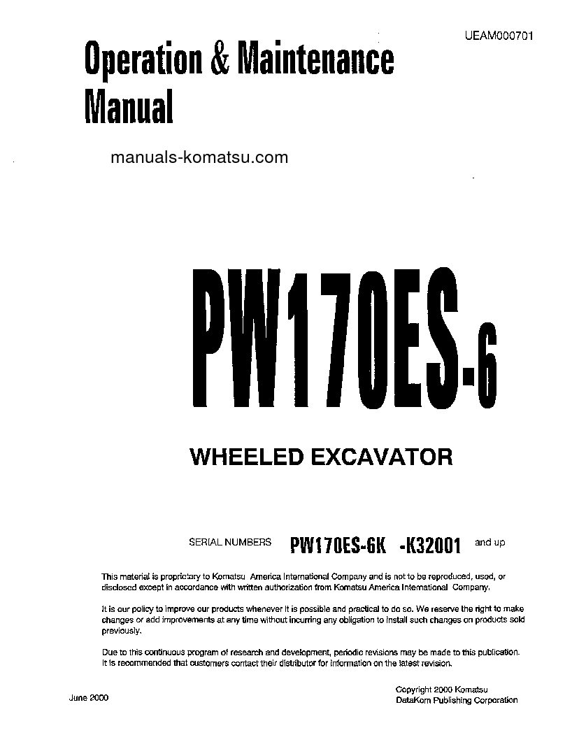 PW170ES-6(GBR)-K S/N K32001-K34000 Operation manual (English)