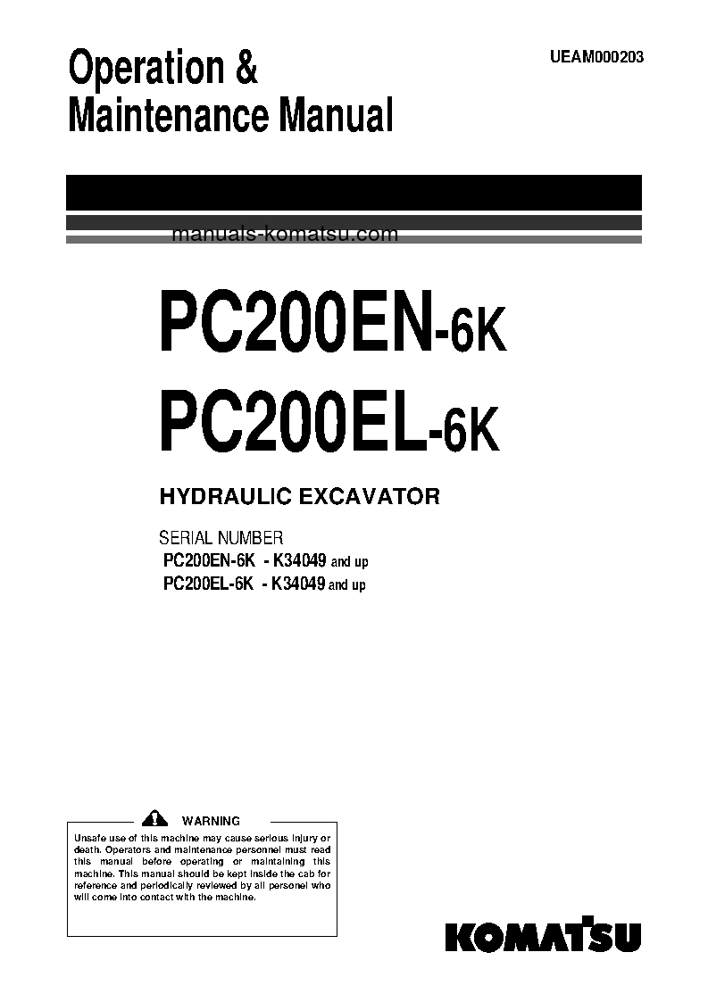 PC200EN-6(GBR)-K S/N K34049-UP Operation manual (English)