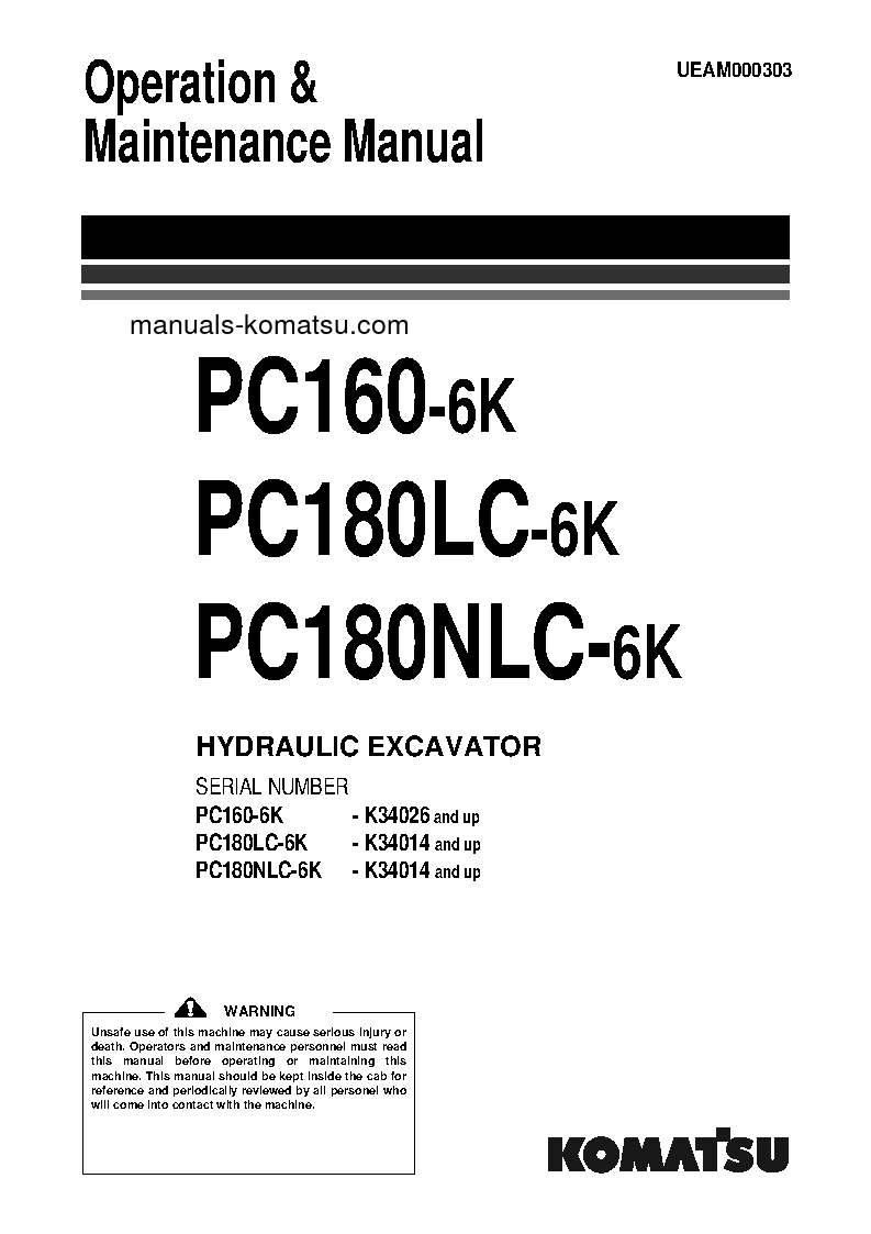PC180LC-6(GBR)-K S/N K34014-UP Operation manual (English)