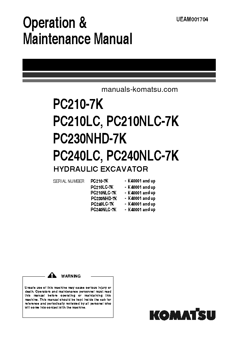 PC210LC-7(GBR)-K S/N K40001-K41847 Operation manual (English)