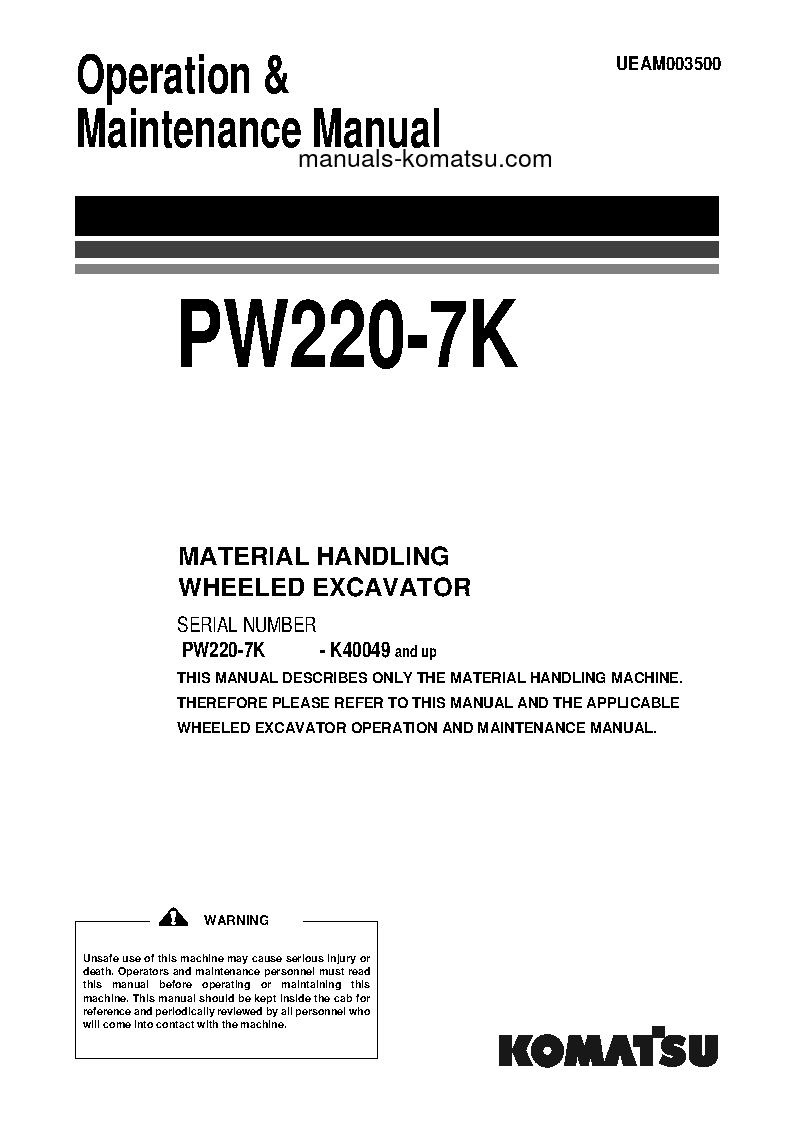 PW220-7(GBR)-MATERIAL HANDLER S/N K40049-UP Operation manual (English)