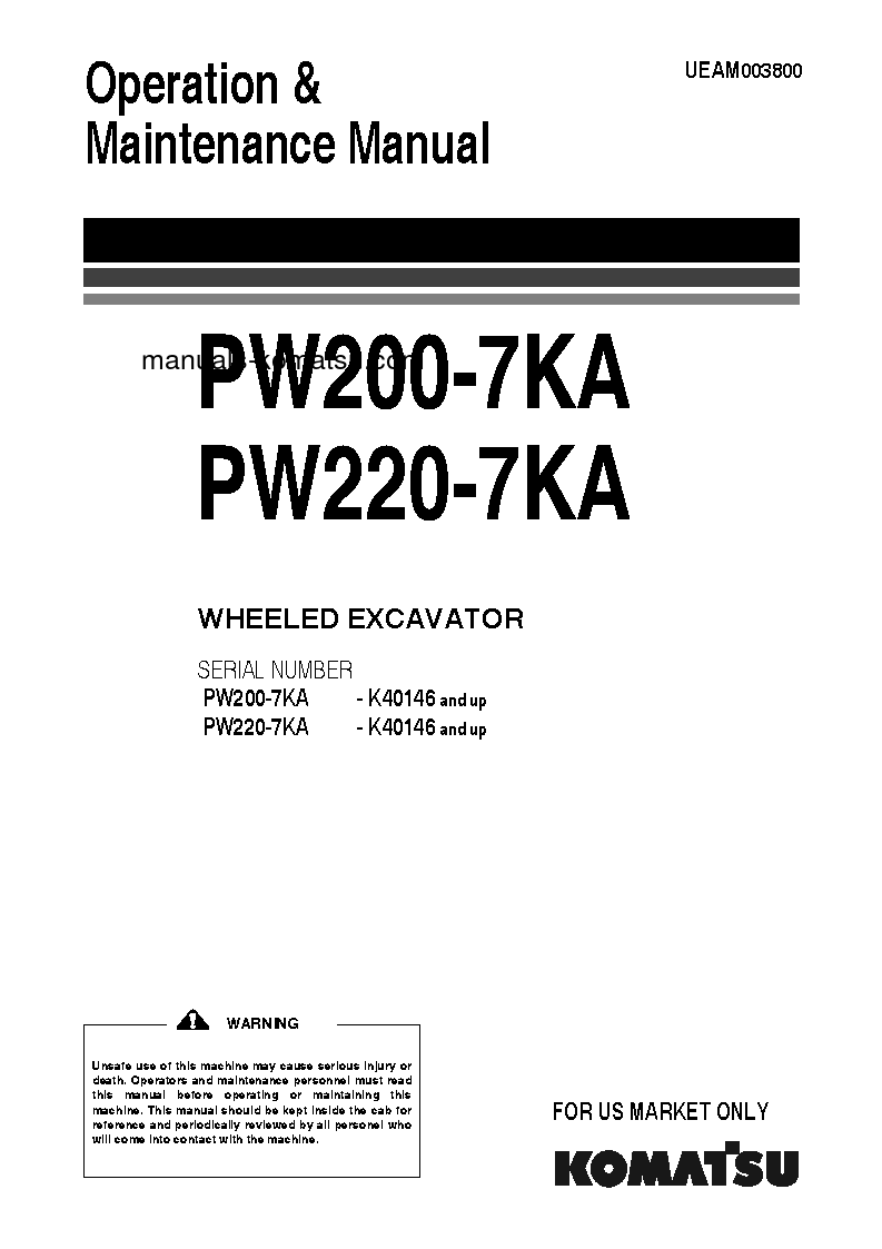 PW200-7(GBR)-USA S/N K40146-UP Operation manual (English)