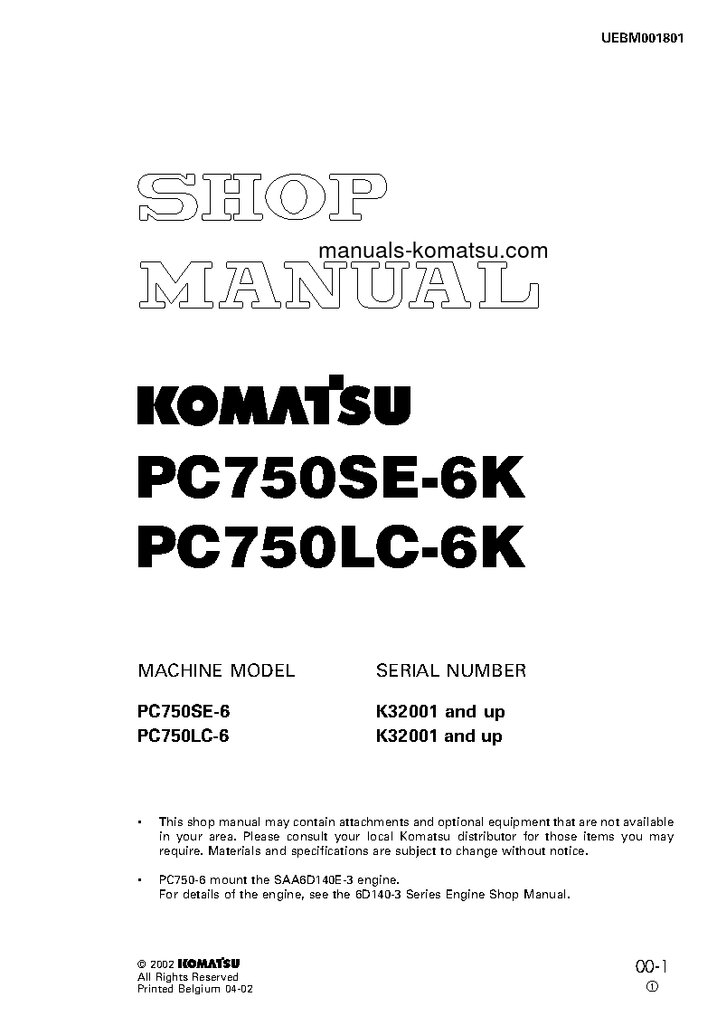 PC750SE-6(GBR)-K S/N K32001-UP Shop (repair) manual (English)