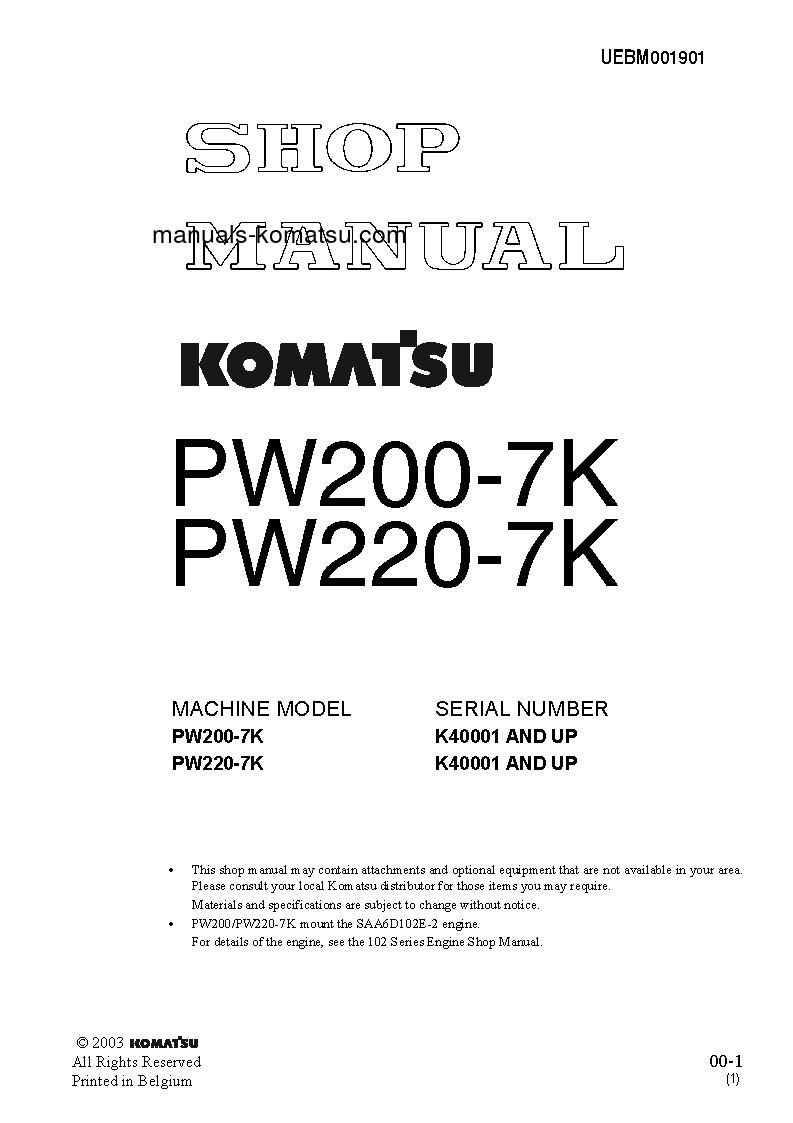 PW220-7(GBR)-K S/N K40001-UP Shop (repair) manual (English)