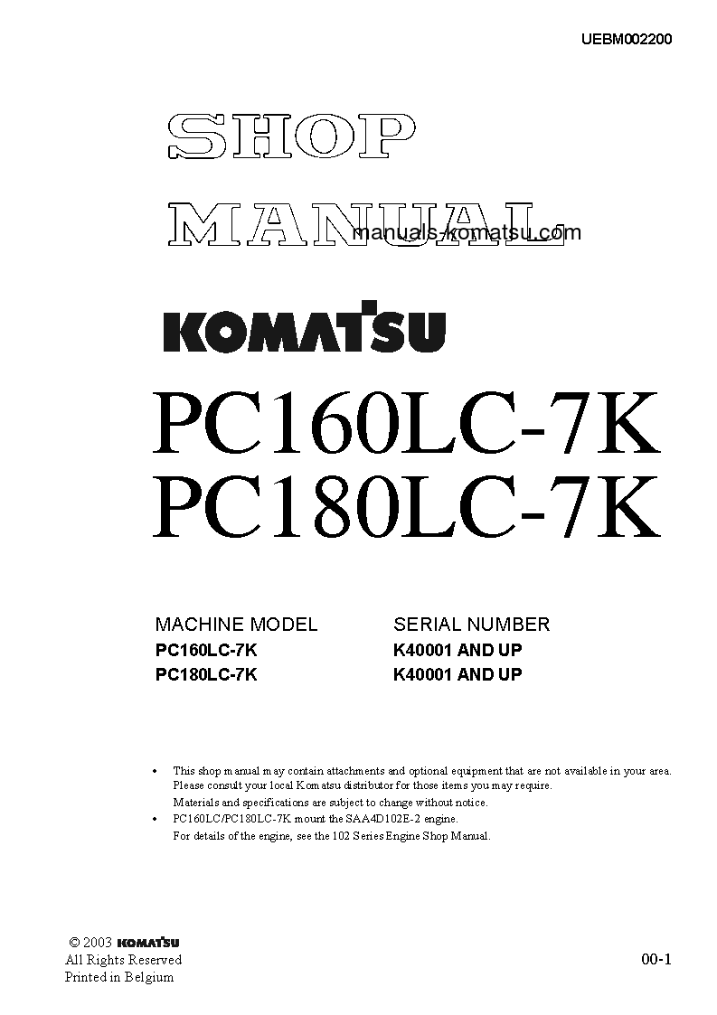 PC180LC-7(GBR)-K S/N K40001-UP Shop (repair) manual (English)