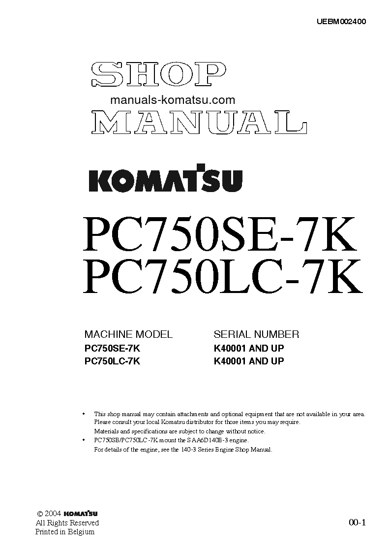 PC750SE-7(GBR)-K S/N K40001-UP Shop (repair) manual (English)