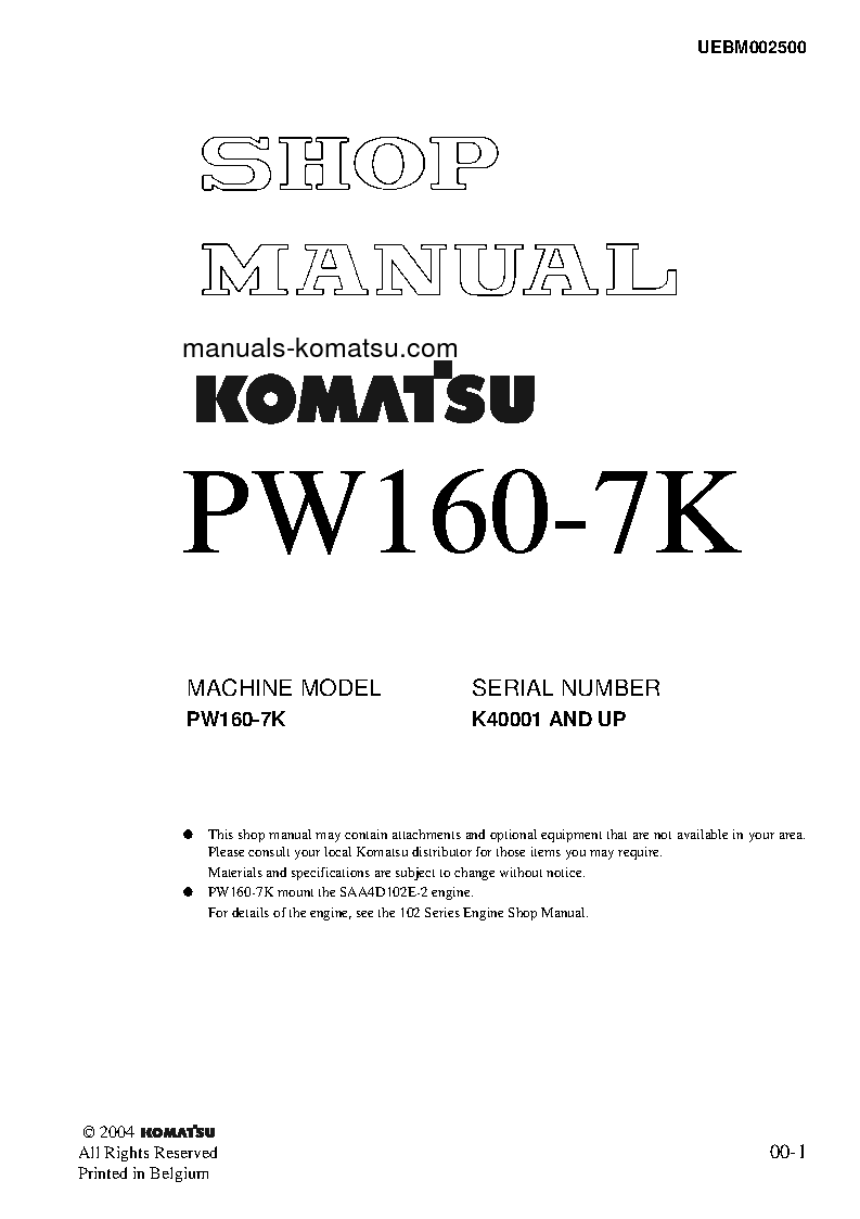 PW160-7(GBR)-K S/N K40001-UP Shop (repair) manual (English)