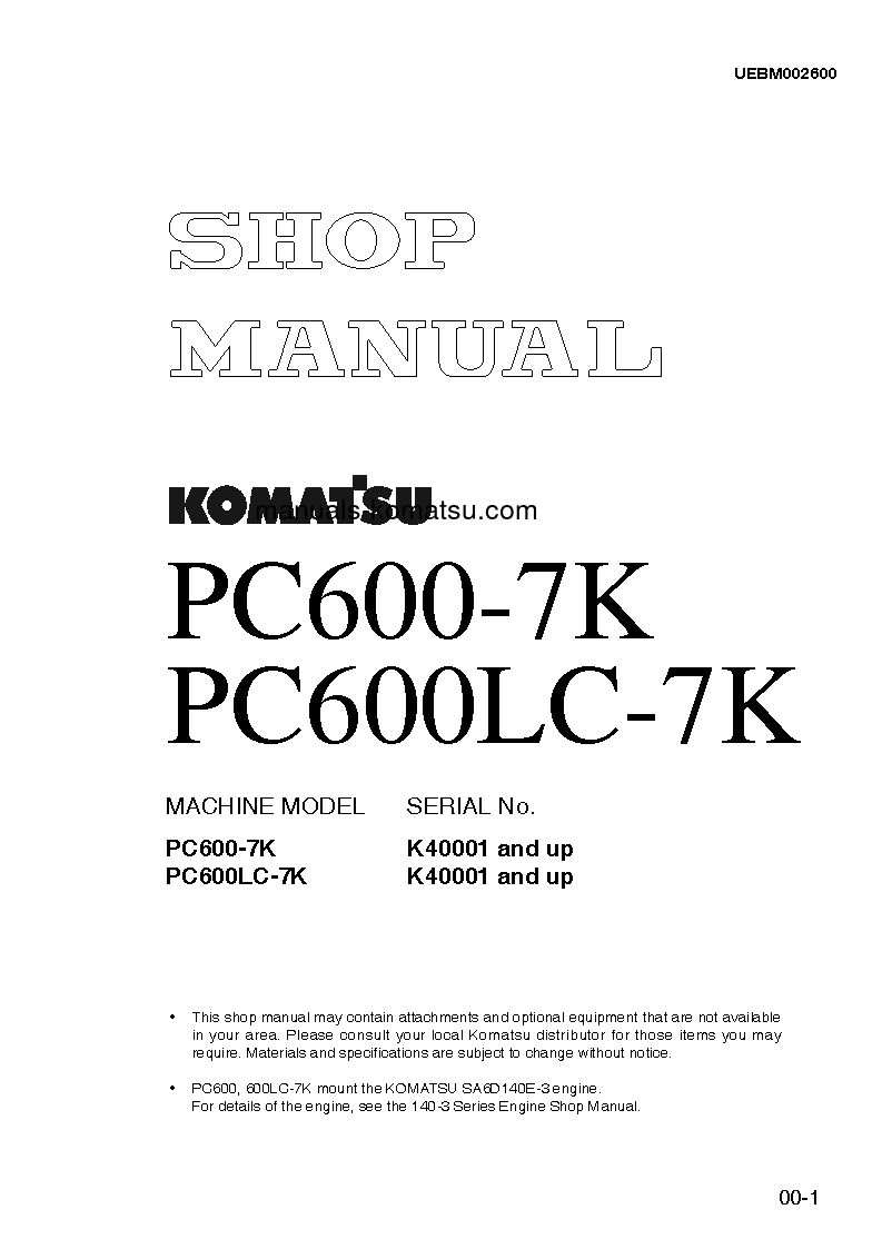 PC600LC-7(GBR)-K S/N K40001-UP Shop (repair) manual (English)
