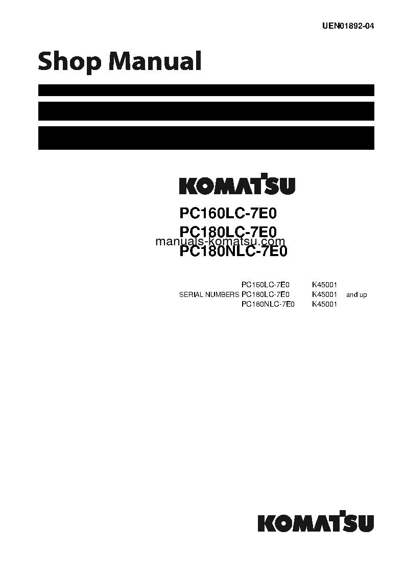 PC180LC-7(GBR)-TIER 3 S/N K45001-UP Shop (repair) manual (English)