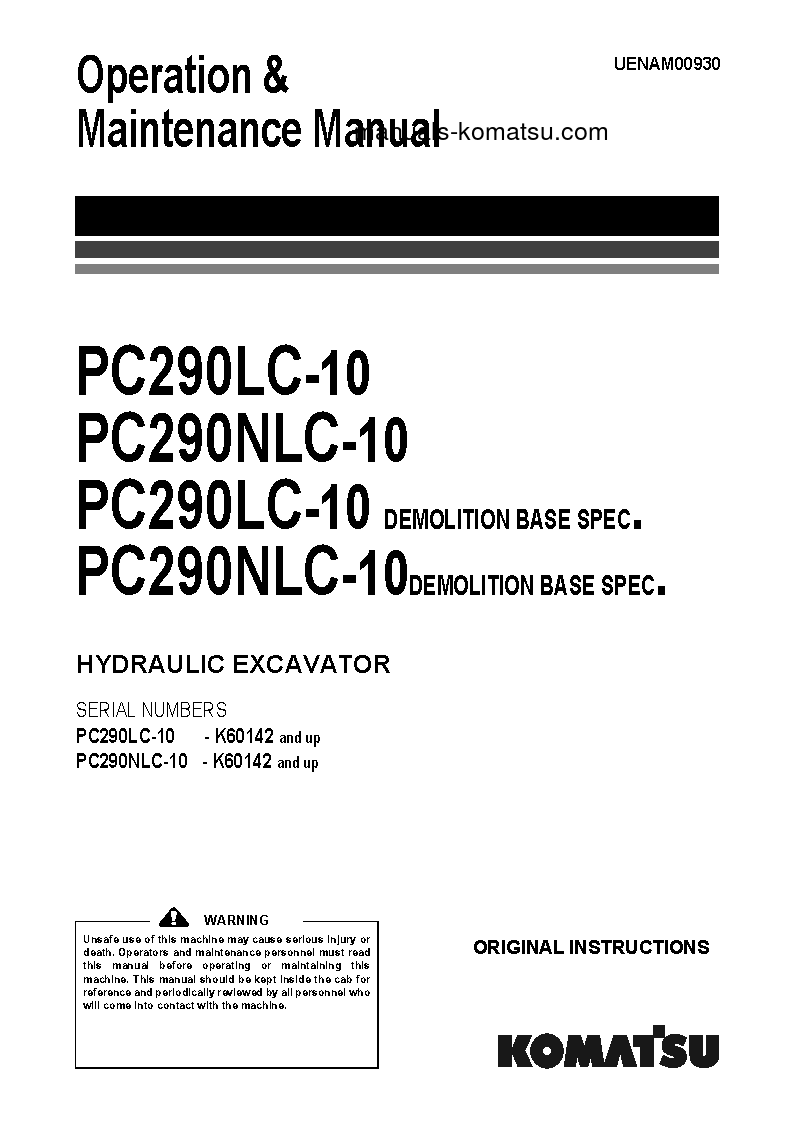 PC290LC-10(GBR) S/N K60142-UP Operation manual (English)