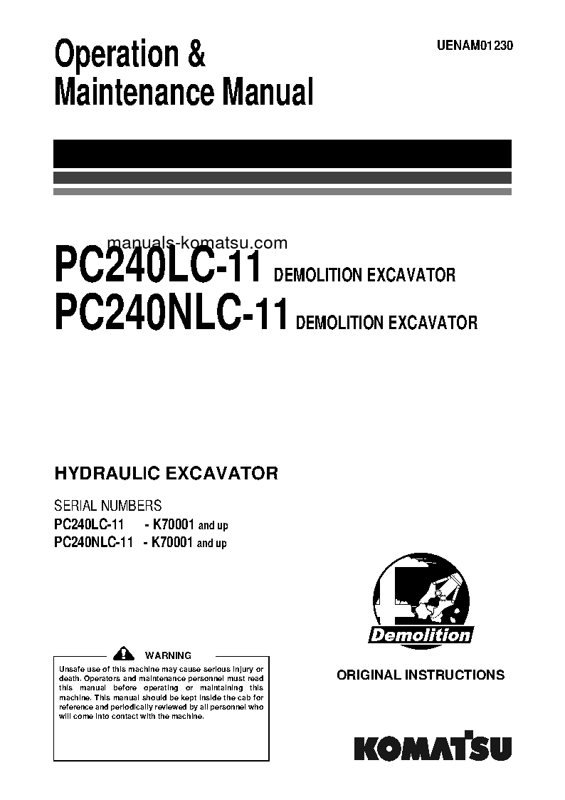 PC240NLC-11(GBR)-DEMOLITION S/N K70001-UP Operation manual (English)