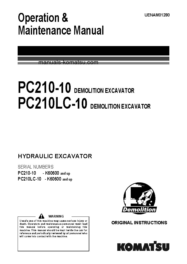 PC210LC-10(GBR)-DEMOLITION S/N K60600-UP Operation manual (English)