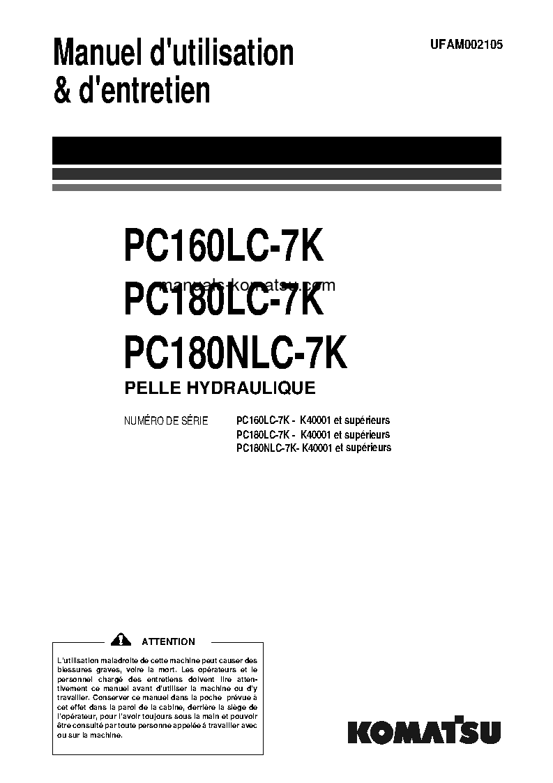 PC180LC-7(GBR)-K S/N K40001-UP Operation manual (French)