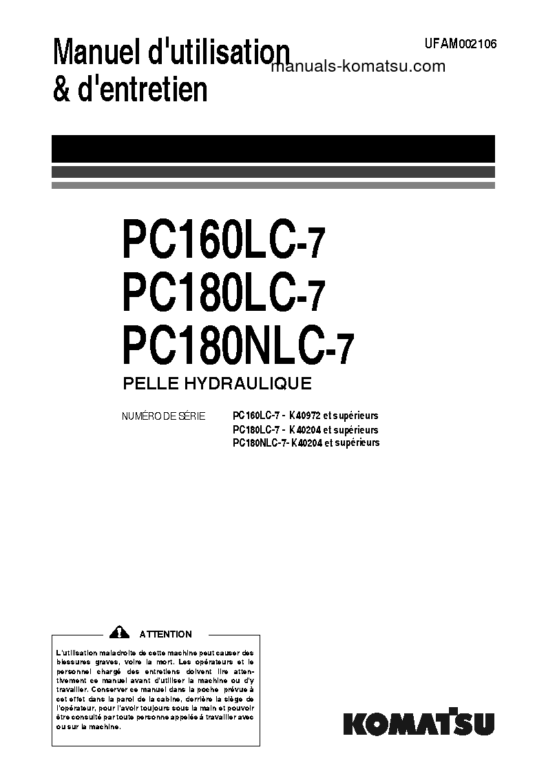 PC160LC-7(GBR)-K S/N K40972-UP Operation manual (French)