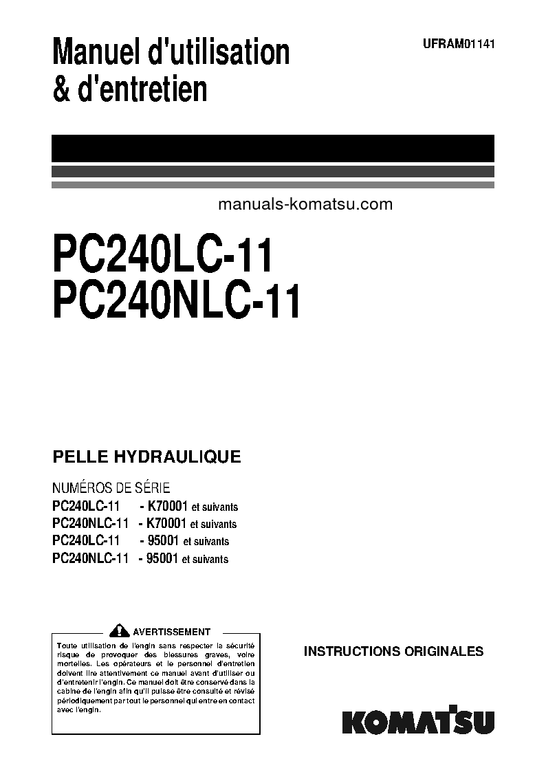 PC240NLC-11(GBR) S/N 95001-UP Operation manual (French)