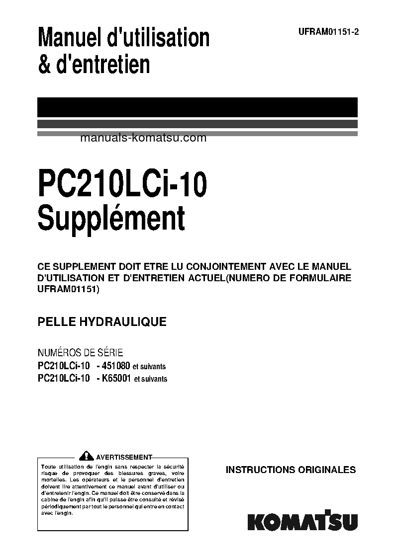 PC210LCI-10(GBR) S/N K65001-UP Operation manual (French)