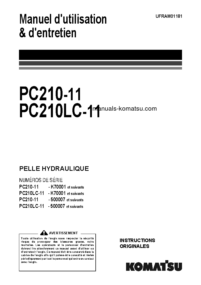 PC210LC-11(GBR) S/N 500007-UP Operation manual (French)
