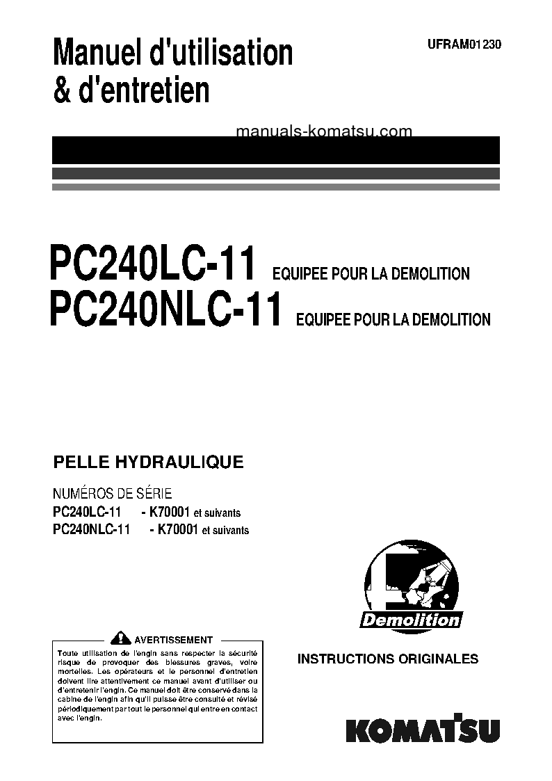 PC240NLC-11(GBR)-DEMOLITION S/N K70001-UP Operation manual (French)