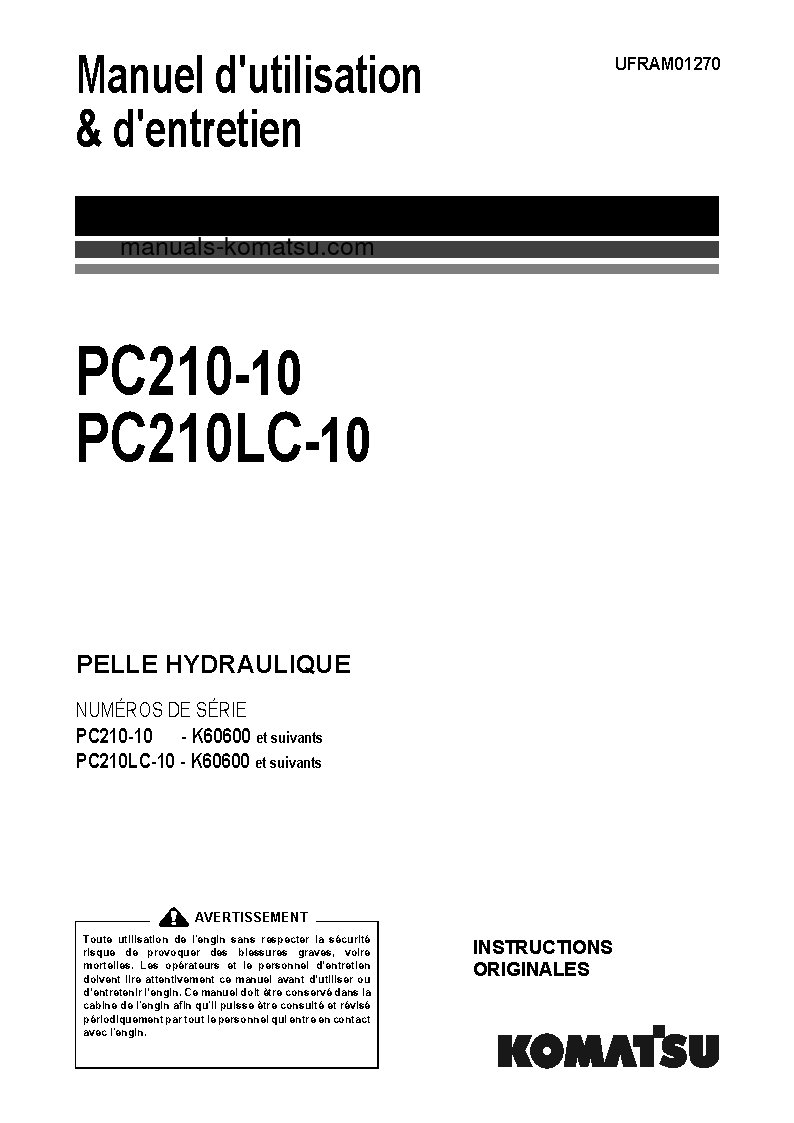 PC210-10(GBR) S/N K60600-UP Operation manual (French)