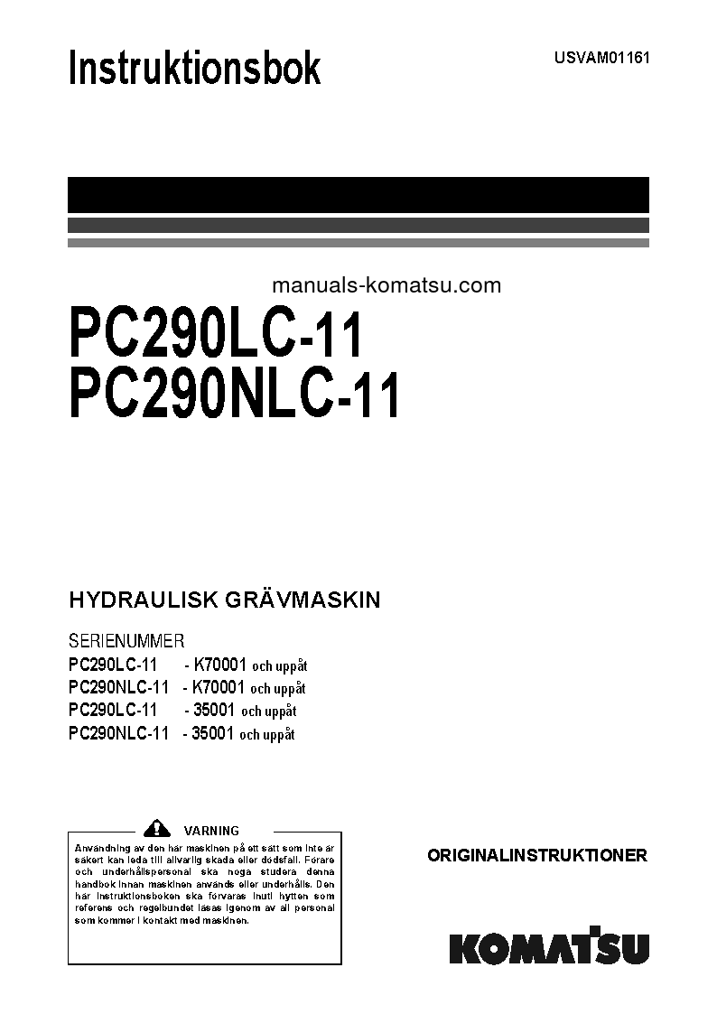 PC290NLC-11(GBR) S/N 35001-UP Operation manual (Swedish)